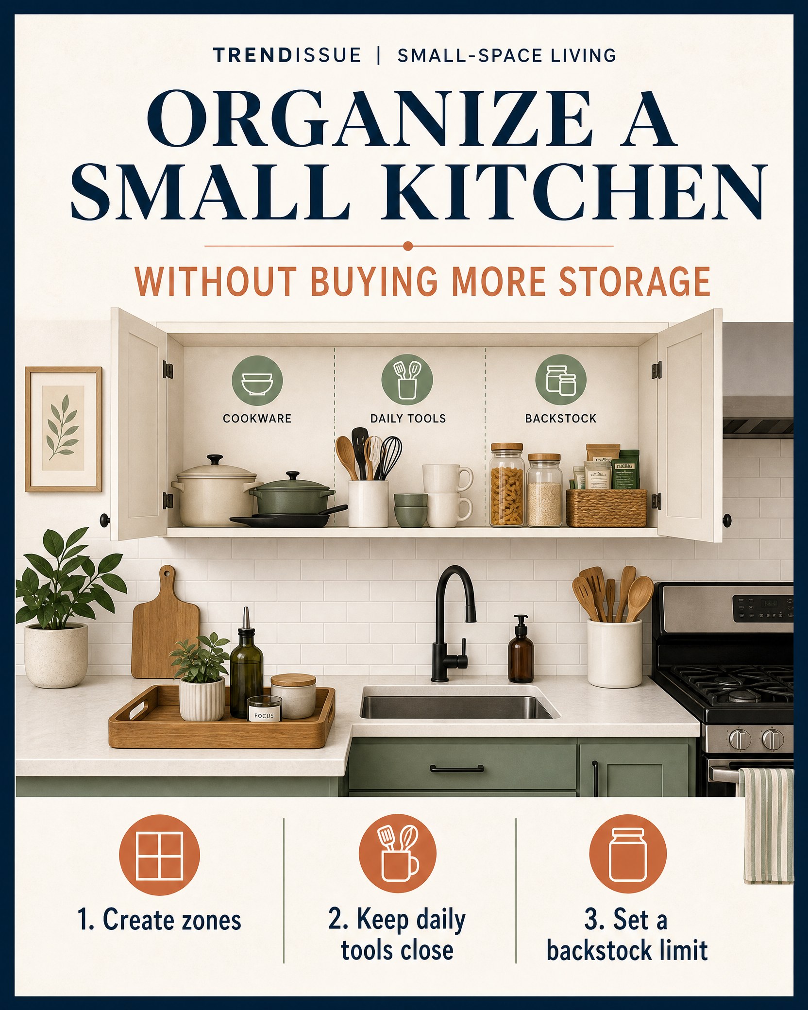 How to Organize a Small Kitchen Without Buying More Storage 1 Card showing a small organized kitchen with cookware, daily tools, and backstock zones