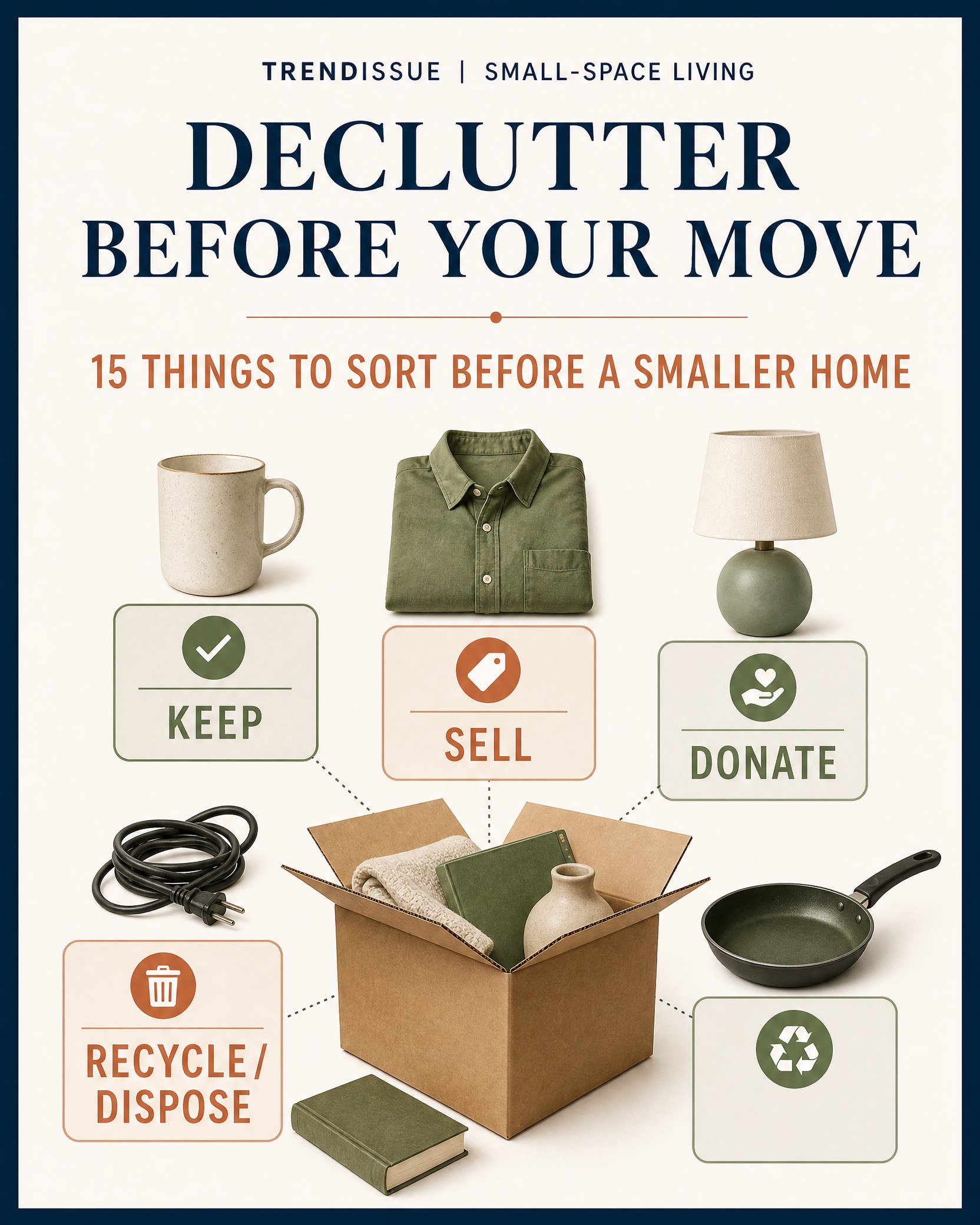 15 Things to Declutter Before Moving Into a Smaller Home 1 Card showing household items sorted into keep, sell, donate, and recycle or dispose routes before a move