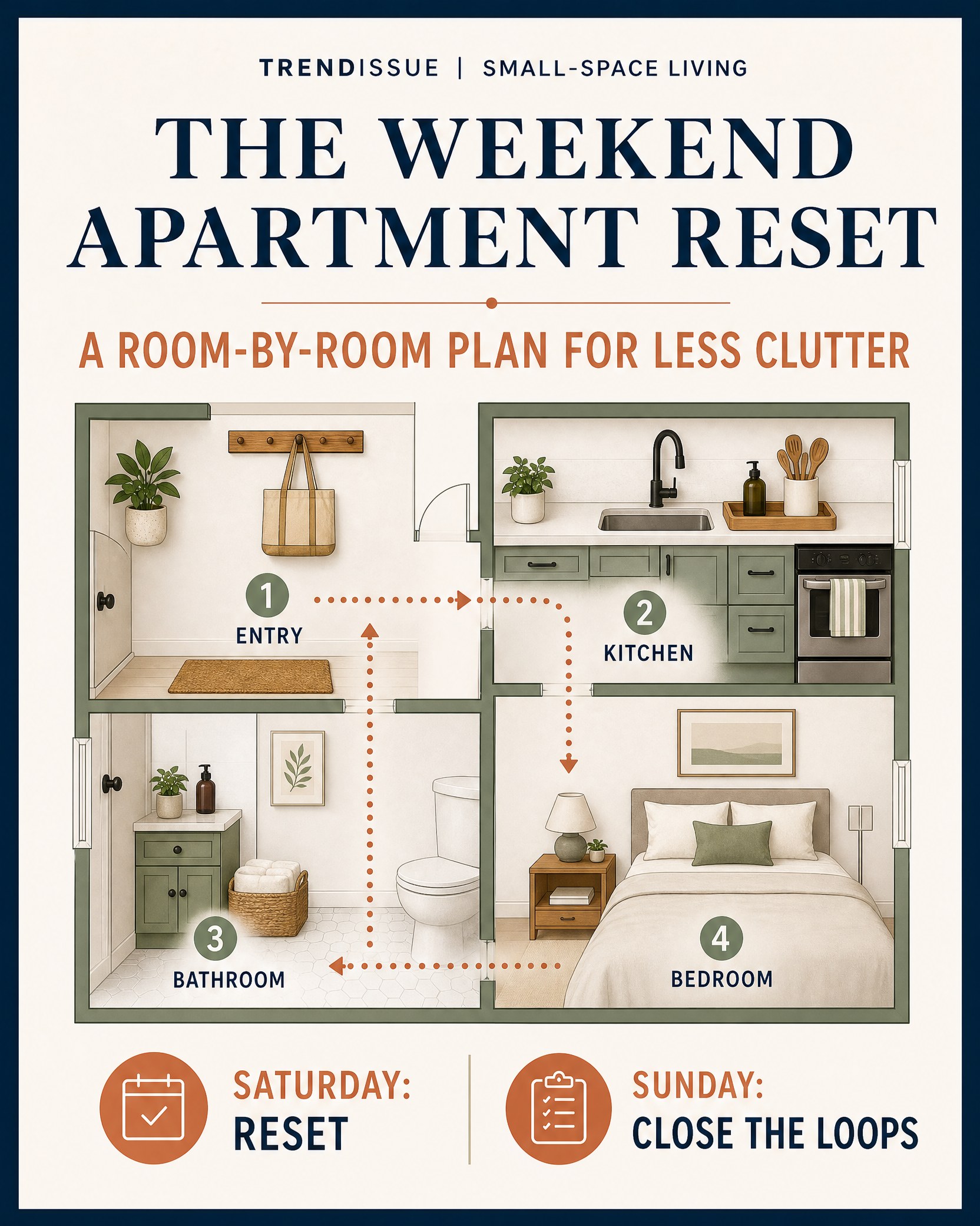 The Weekend Apartment Reset: A Room-by-Room Plan for Less Clutter 1 Card showing a simple apartment reset path through the entry, kitchen, bathroom, and bedroom