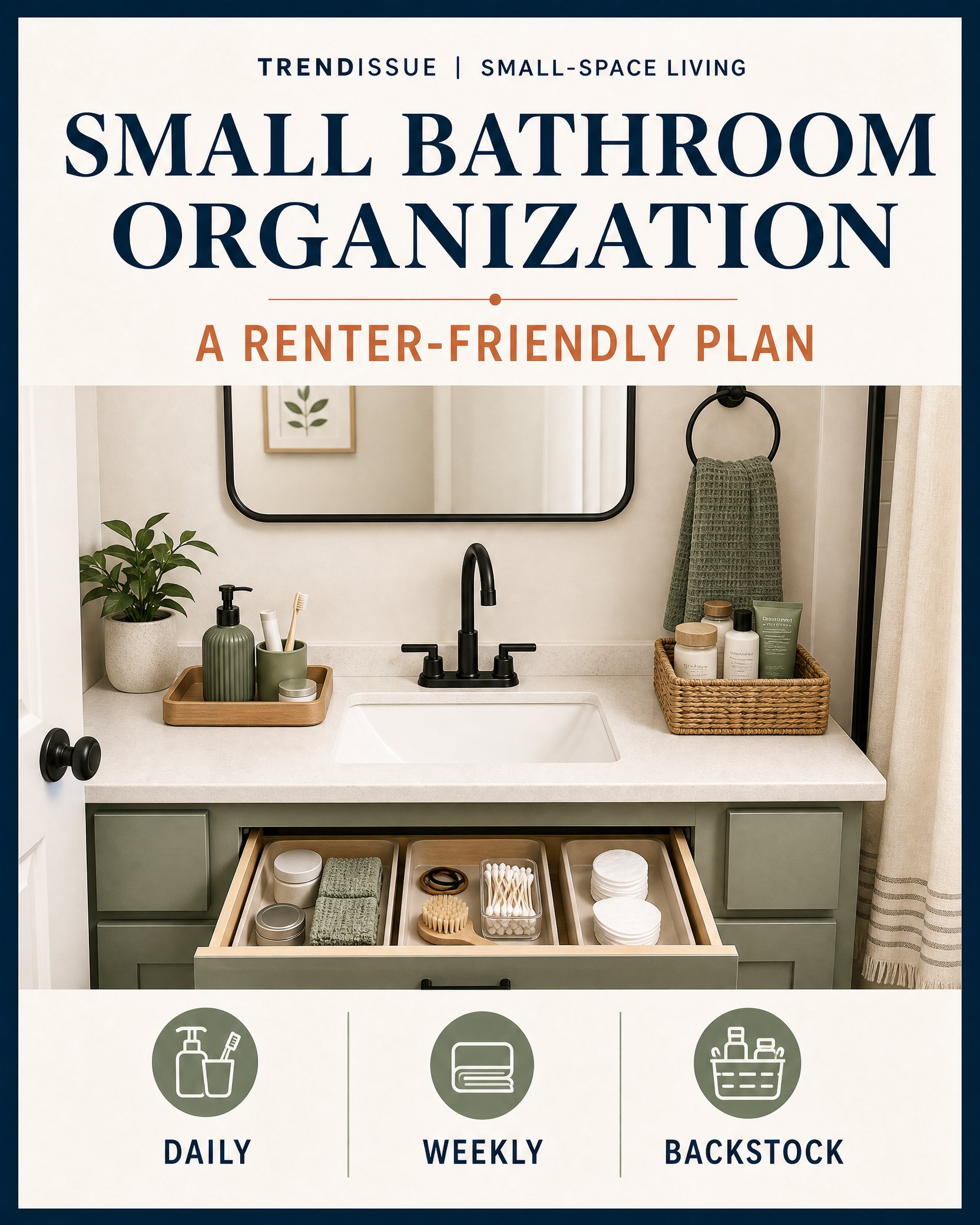 Small Bathroom Organization: A Renter-Friendly Plan That Keeps Counters Clear 1 Card showing an organized small bathroom with daily, weekly, and backup storage zones