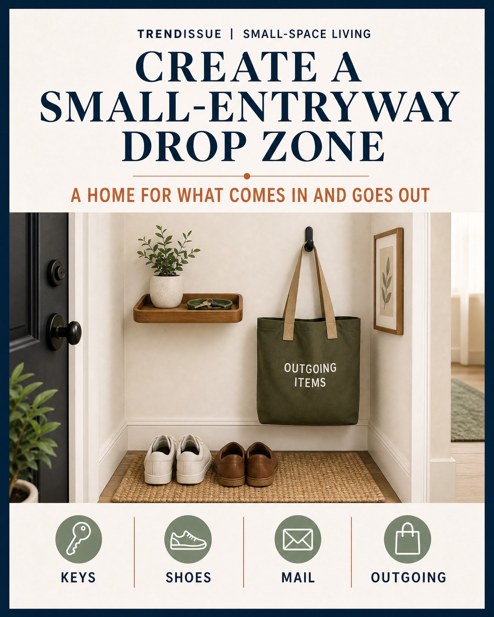 Card showing a narrow apartment entryway with a key tray, shoe mat, bag hook, and outgoing-items tote