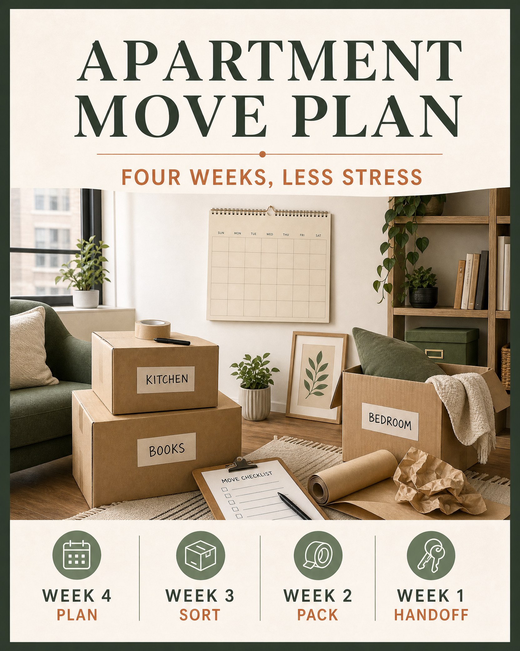 Apartment Moving Checklist: A Four-Week Plan for a Less Stressful Move 1 TrendIssue card for Apartment Moving Checklist: A Four-Week Plan for a Less Stressful Move