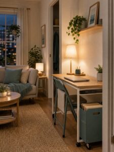 Editorial illustration for How to Set Up a Small Apartment Home Office That Packs Away at Night