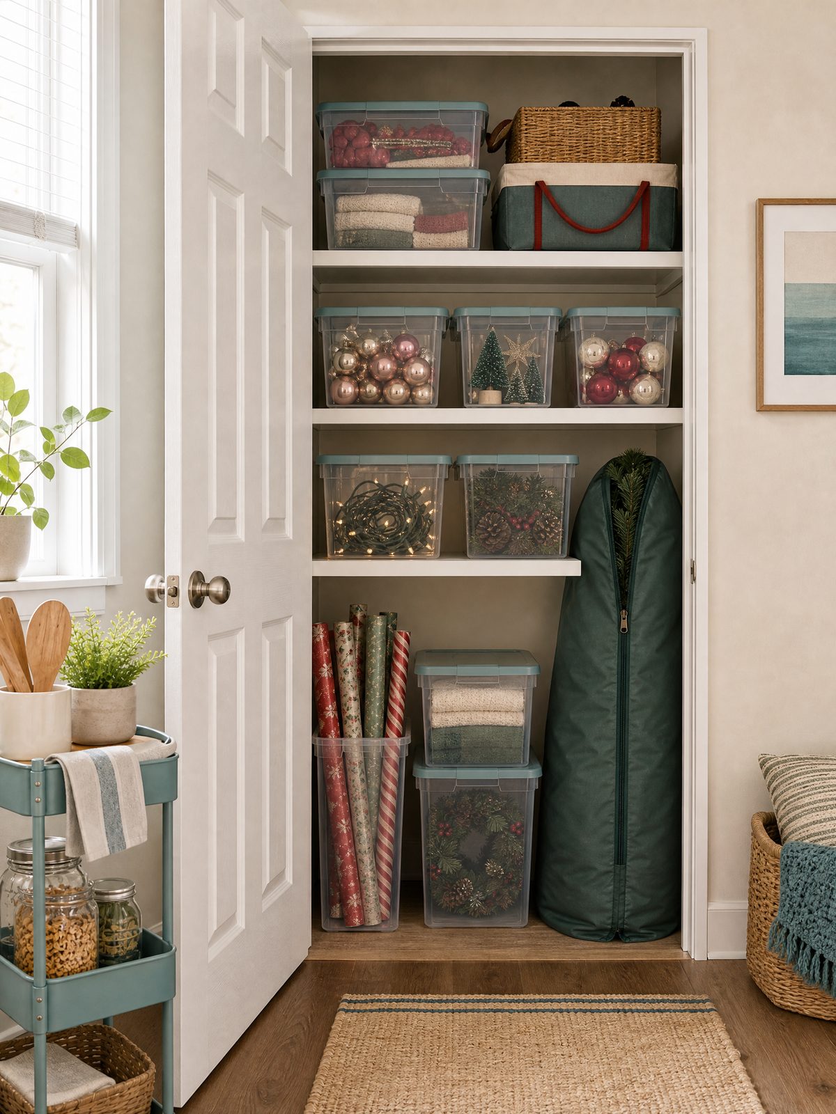 How to Store Holiday Decorations in a Small Home Without Creating a January Mess 1 Editorial illustration for How to Store Holiday Decorations in a Small Home Without Creating a January Mess