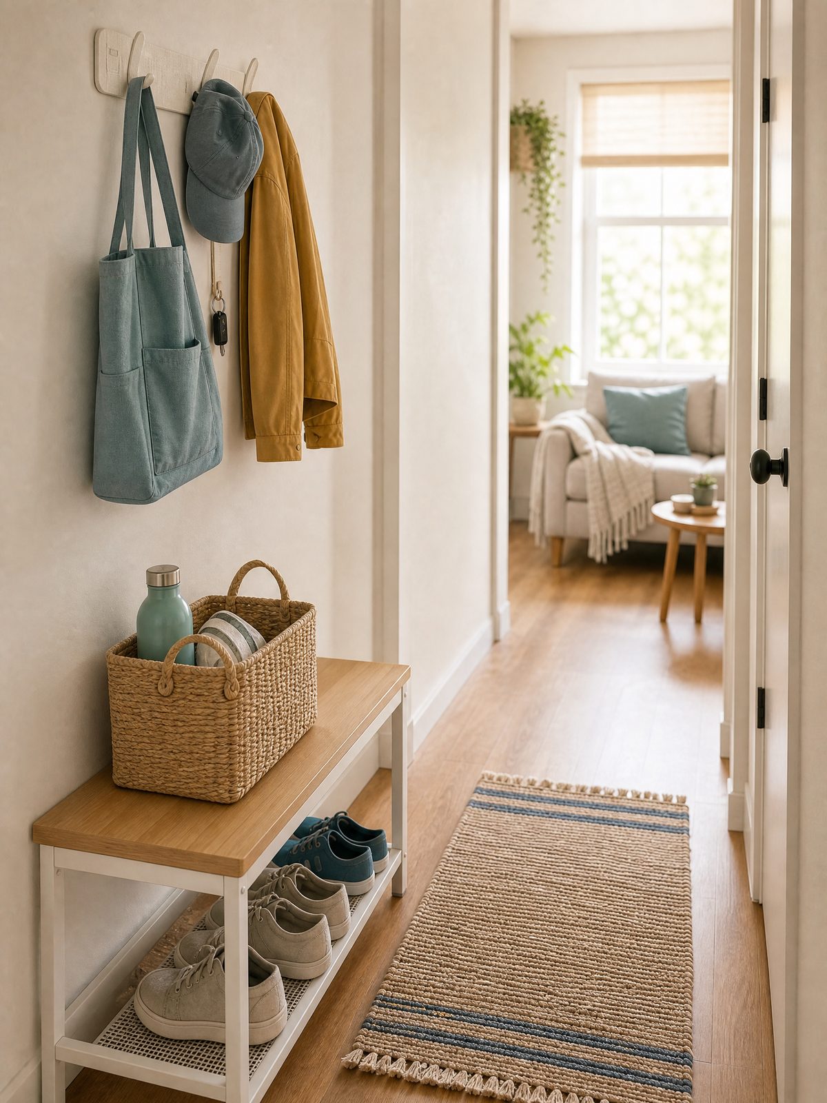 Editorial illustration for How to Set Up a One-Bin Entryway Reset in a Small Apartment