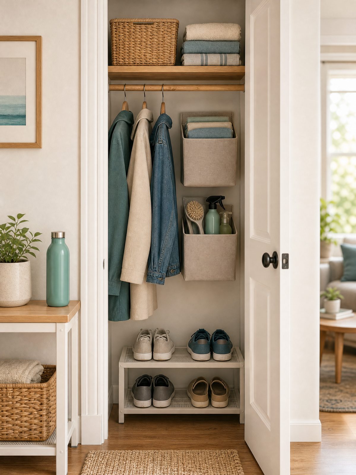 Editorial illustration for The Small Hall Closet Reset: Coats, Shoes, Linens, and Cleaning Gear
