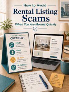 Laptop showing an apartment listing beside a renter safety checklist for avoiding apartment rental scams