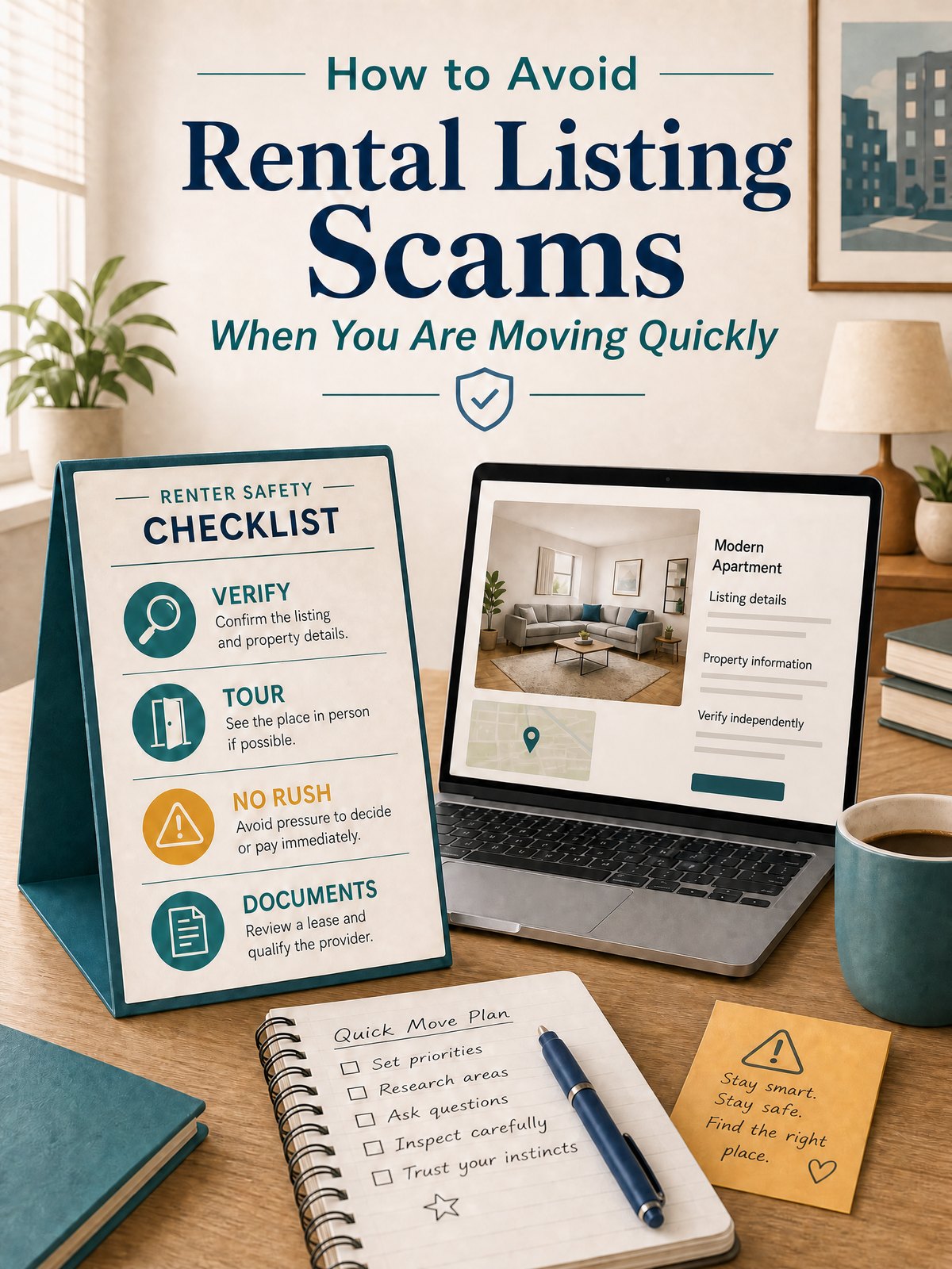Laptop showing an apartment listing beside a renter safety checklist for avoiding apartment rental scams