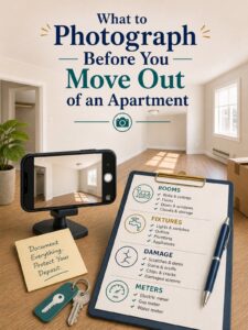 Rental Move Out Checklist: Photos to Take Before You Return the Keys 1 Illustrated move-out photo checklist showing a renter documenting an empty apartment, keys, meters, and room condition