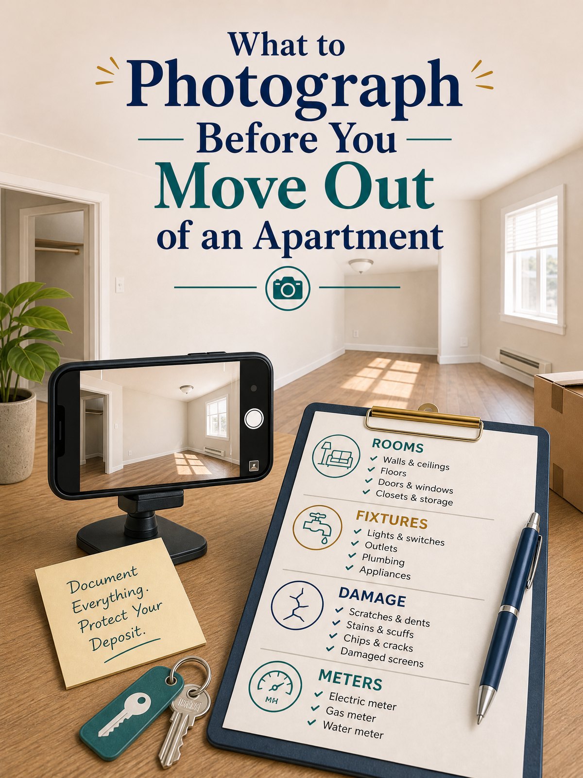 Illustrated move-out photo checklist showing a renter documenting an empty apartment, keys, meters, and room condition