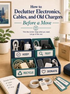 Electronics Recycling Before a Move: Keep, Donate, or Drop Off 1 Laptop, phone, cables, and charger sorted for electronics recycling before a move