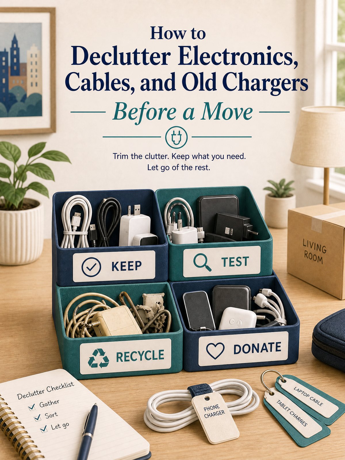 Electronics Recycling Before a Move: Keep, Donate, or Drop Off 1 Laptop, phone, cables, and charger sorted for electronics recycling before a move