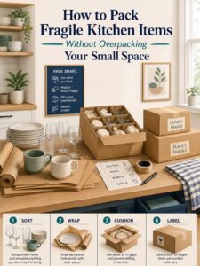 Illustrated kitchen packing guide with plates, glasses, labeled dish boxes, paper, and four packing steps