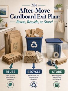 Moving boxes and packing materials sorted into reuse, recycle, and storage options after a move