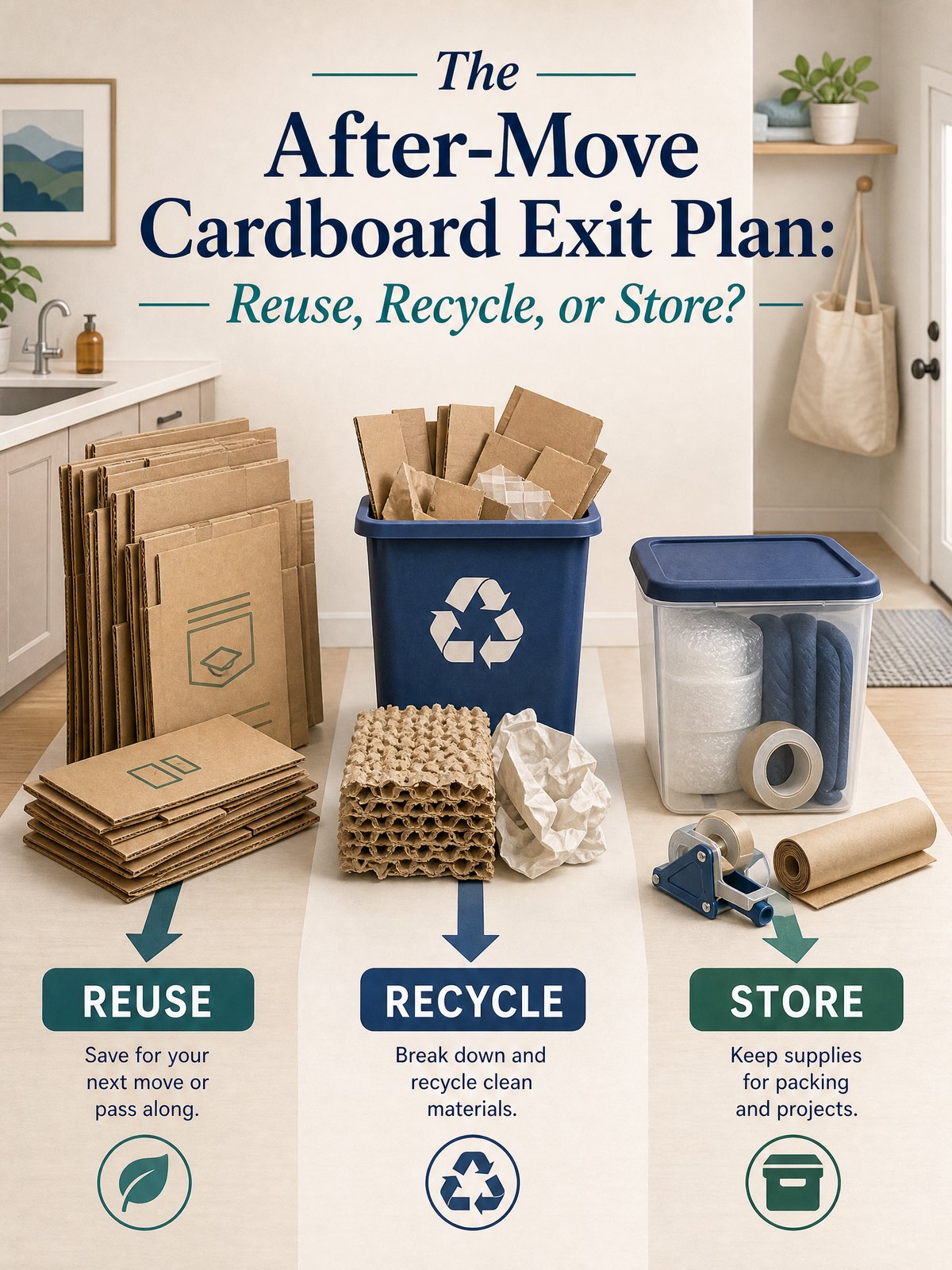 Moving boxes and packing materials sorted into reuse, recycle, and storage options after a move