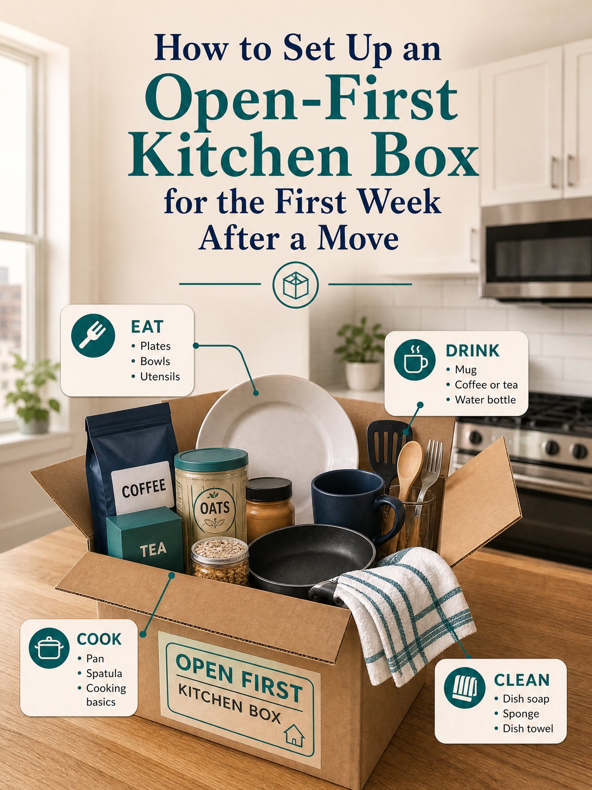 How to Set Up an Open-First Kitchen Box for the First Week After a Move 1 Editorial illustration for How to Set Up an Open-First Kitchen Box for the First Week After a Move