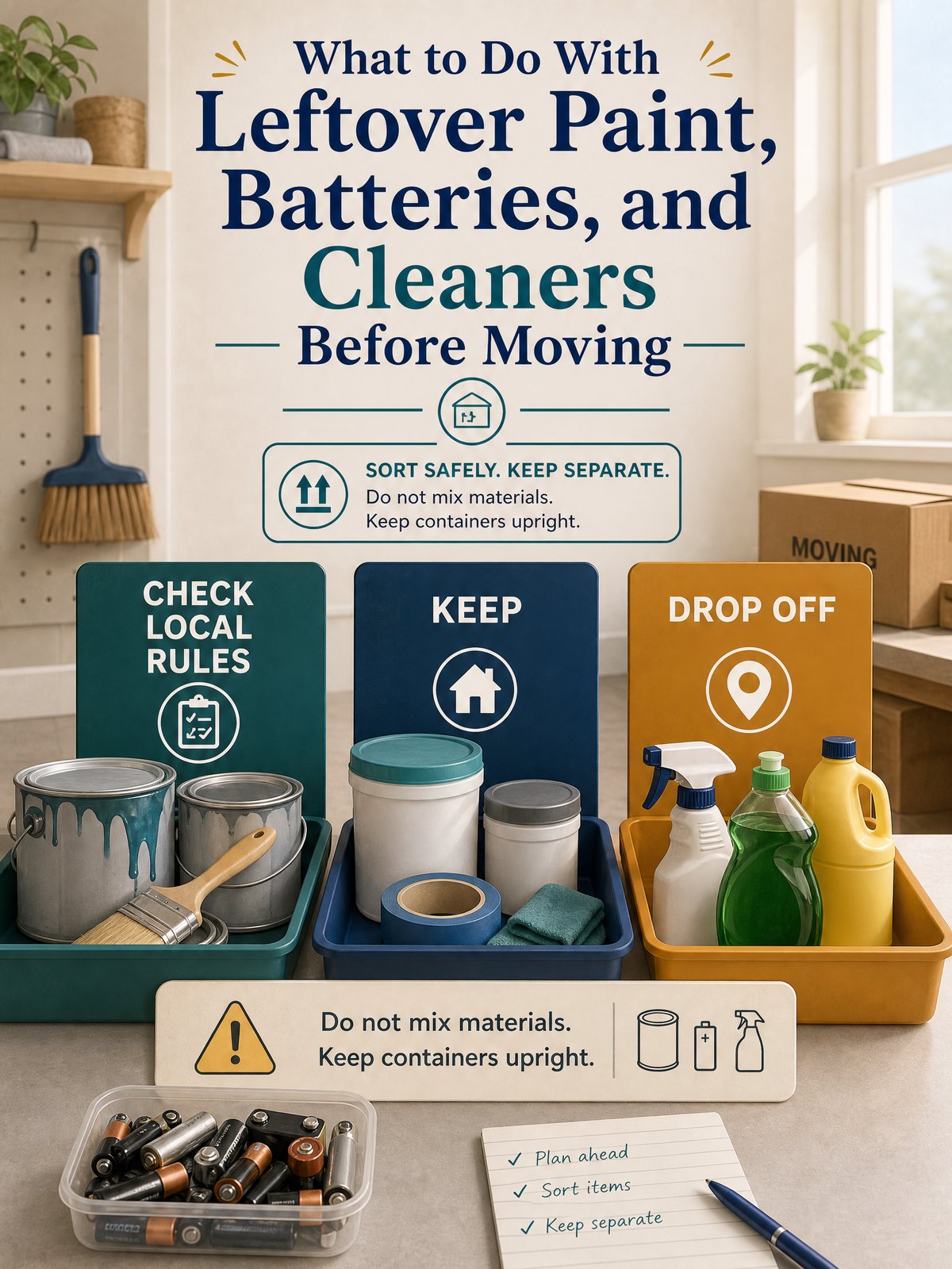 What to Do With Leftover Paint, Batteries, and Cleaners Before Moving 1 Editorial illustration for What to Do With Leftover Paint, Batteries, and Cleaners Before Moving