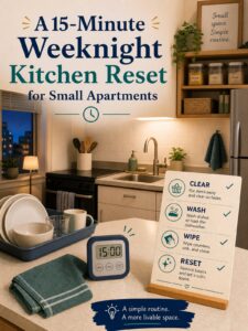 Editorial illustration for A 15-Minute Weeknight Kitchen Reset for Small Apartments