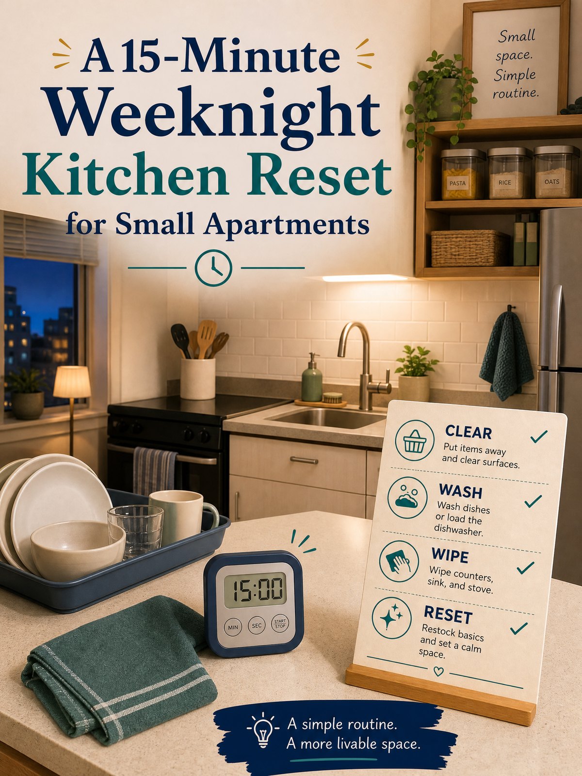 A 15-Minute Weeknight Kitchen Reset for Small Apartments 1 Editorial illustration for A 15-Minute Weeknight Kitchen Reset for Small Apartments