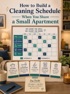 How to Build a Cleaning Schedule When You Share a Small Apartment 1 Editorial illustration for How to Build a Cleaning Schedule When You Share a Small Apartment