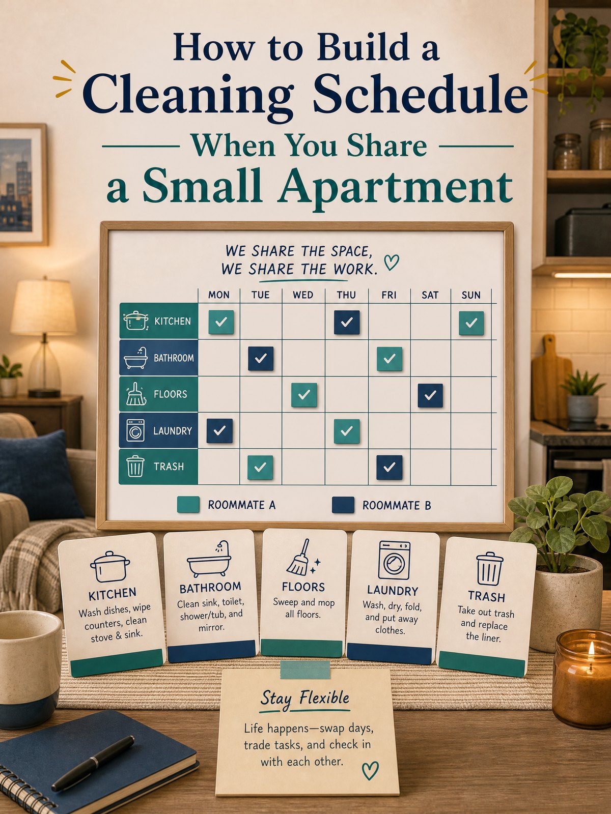 Editorial illustration for How to Build a Cleaning Schedule When You Share a Small Apartment