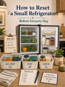 How to Reset a Small Refrigerator Before Grocery Day 1 Editorial illustration for How to Reset a Small Refrigerator Before Grocery Day