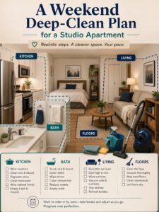 Editorial illustration for A Weekend Deep-Clean Plan for a Studio Apartment