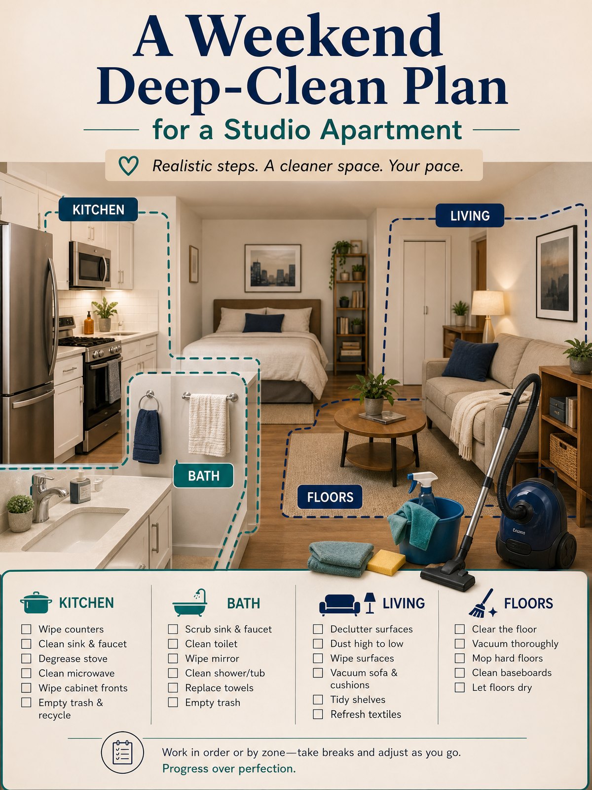 A Weekend Deep-Clean Plan for a Studio Apartment 1 Editorial illustration for A Weekend Deep-Clean Plan for a Studio Apartment