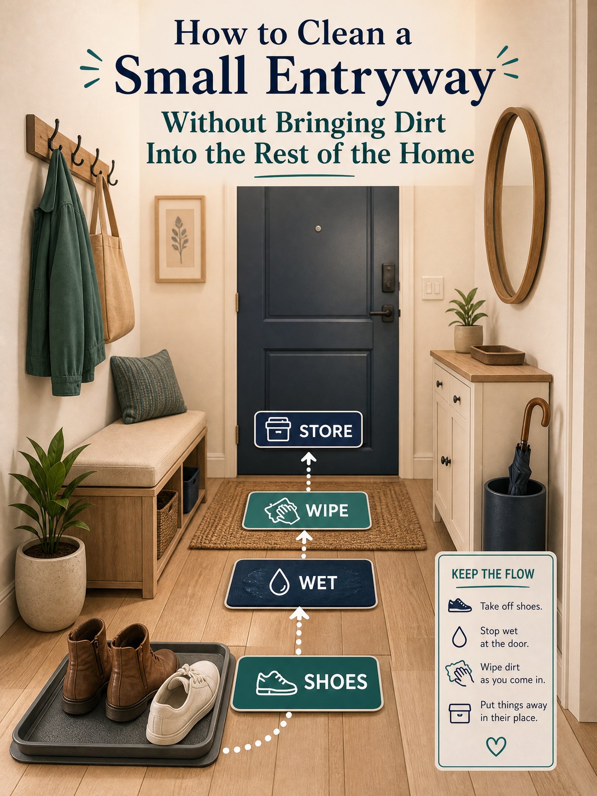 How to Clean a Small Entryway Without Bringing Dirt Into the Rest of the Home 1 Editorial illustration for How to Clean a Small Entryway Without Bringing Dirt Into the Rest of the Home