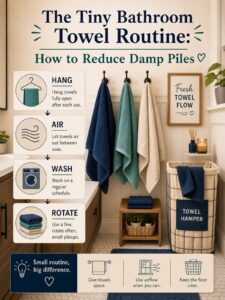 The Tiny Bathroom Towel Routine: How to Reduce Damp Piles 2 Editorial illustration for The Tiny Bathroom Towel Routine: How to Reduce Damp Piles