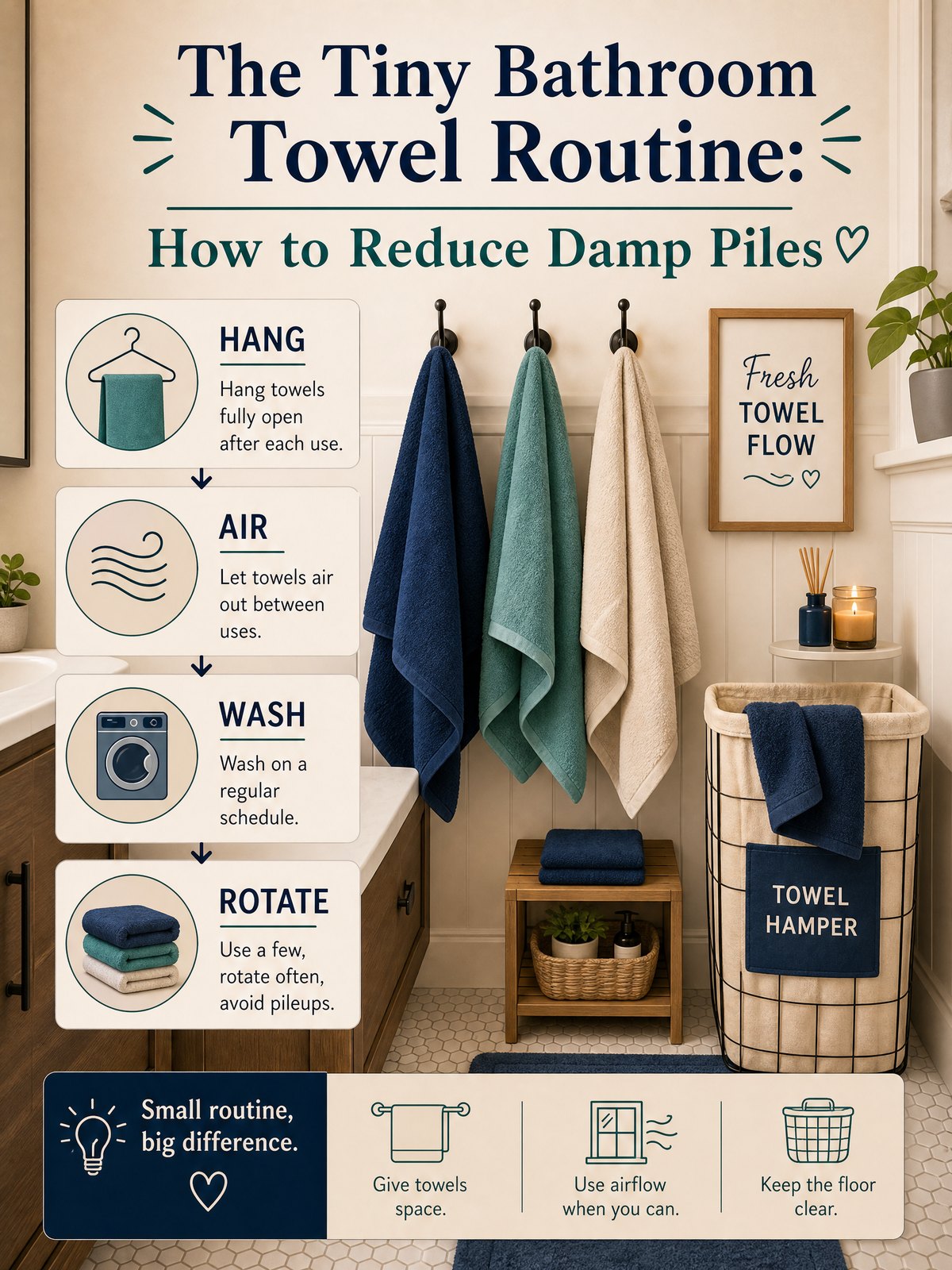 The Tiny Bathroom Towel Routine: How to Reduce Damp Piles 1 Editorial illustration for The Tiny Bathroom Towel Routine: How to Reduce Damp Piles