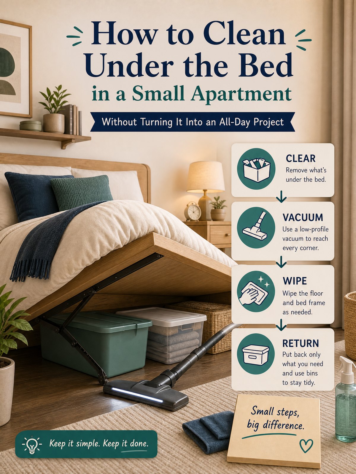 How to Clean Under the Bed in a Small Apartment Without Turning It Into an All-Day Project 1 Editorial illustration for How to Clean Under the Bed in a Small Apartment Without Turning It Into an All-Day Project