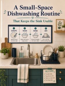 A Small-Space Dishwashing Routine That Keeps the Sink Usable 1 Editorial illustration for A Small-Space Dishwashing Routine That Keeps the Sink Usable
