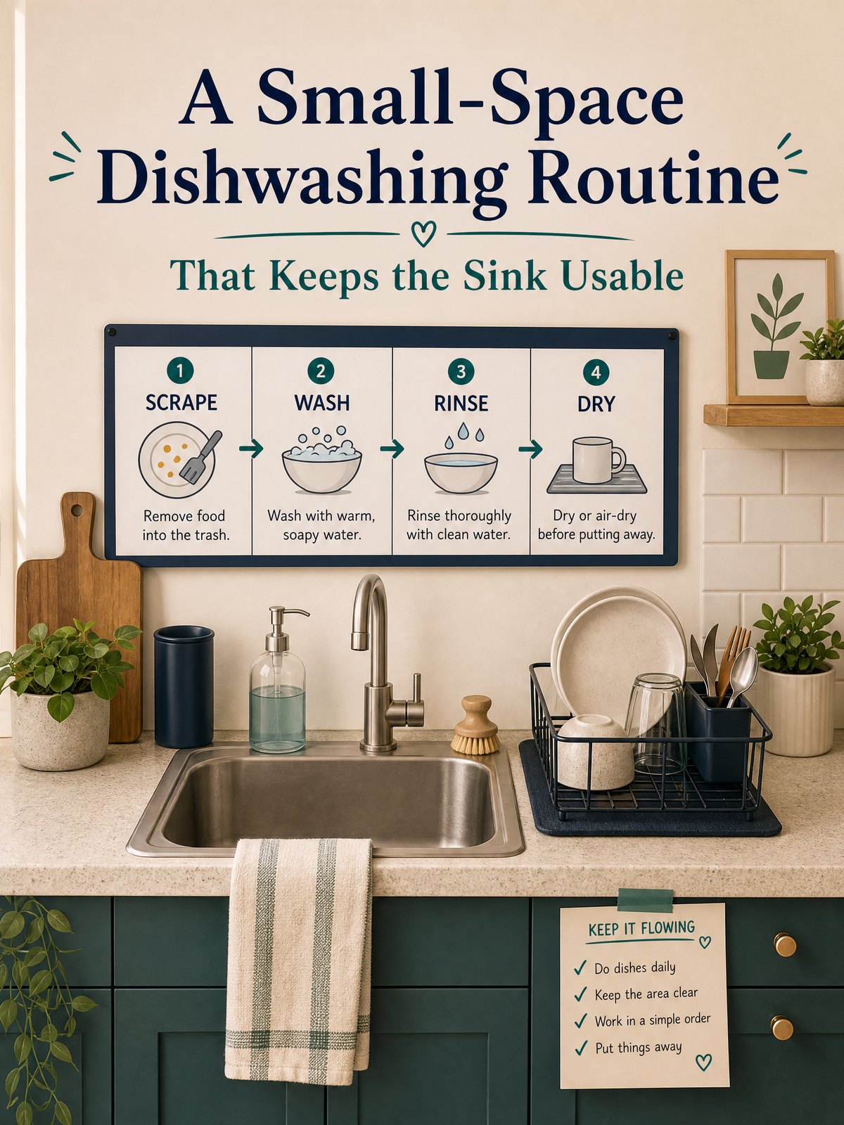 A Small-Space Dishwashing Routine That Keeps the Sink Usable 1 Editorial illustration for A Small-Space Dishwashing Routine That Keeps the Sink Usable