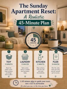 The Sunday Apartment Reset: A Realistic 45-Minute Plan 2 Editorial illustration for The Sunday Apartment Reset: A Realistic 45-Minute Plan