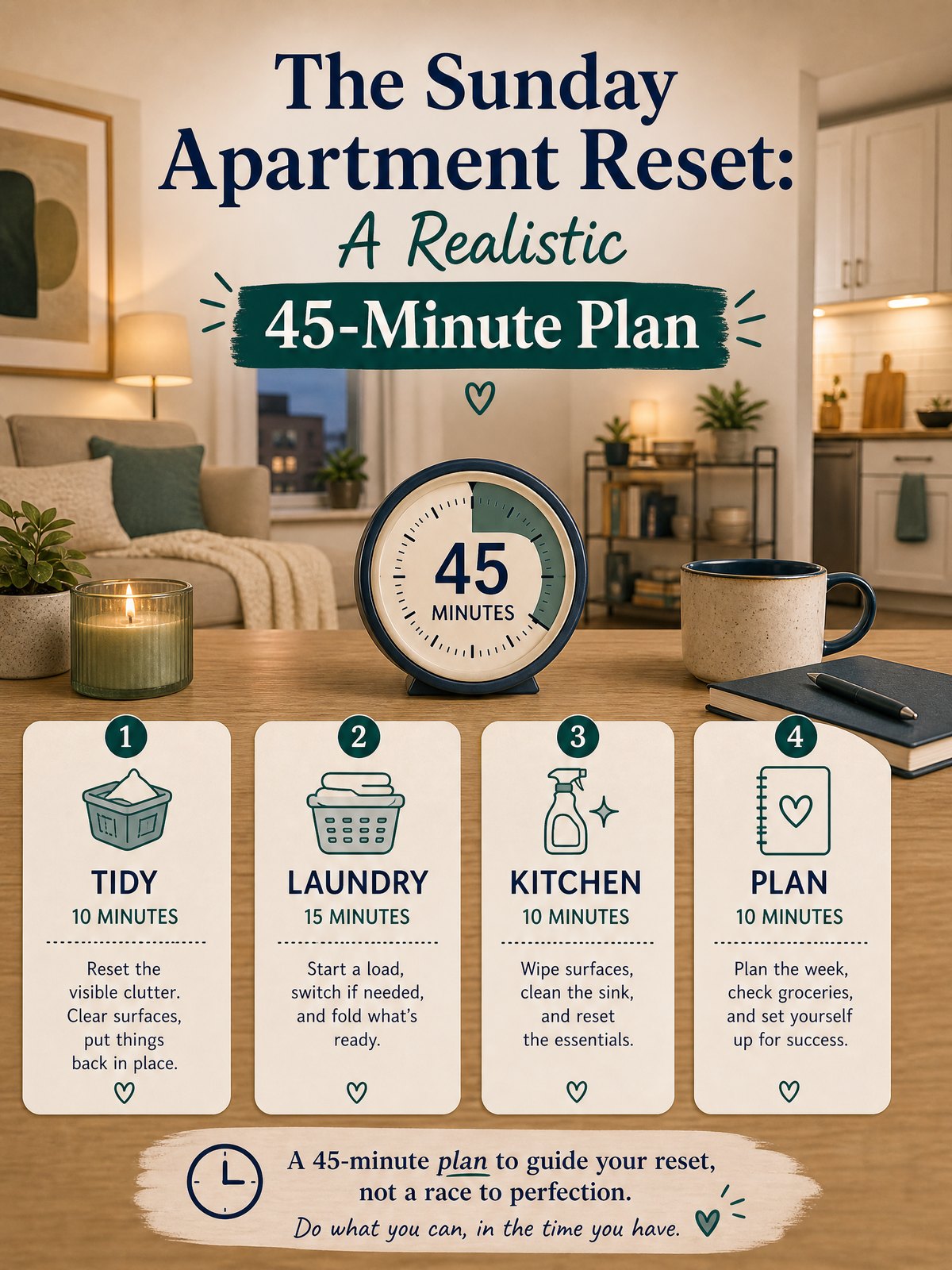 The Sunday Apartment Reset: A Realistic 45-Minute Plan 1 Editorial illustration for The Sunday Apartment Reset: A Realistic 45-Minute Plan