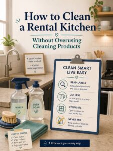 How to Clean a Rental Kitchen Without Overusing Cleaning Products 1 Editorial illustration for How to Clean a Rental Kitchen Without Overusing Cleaning Products