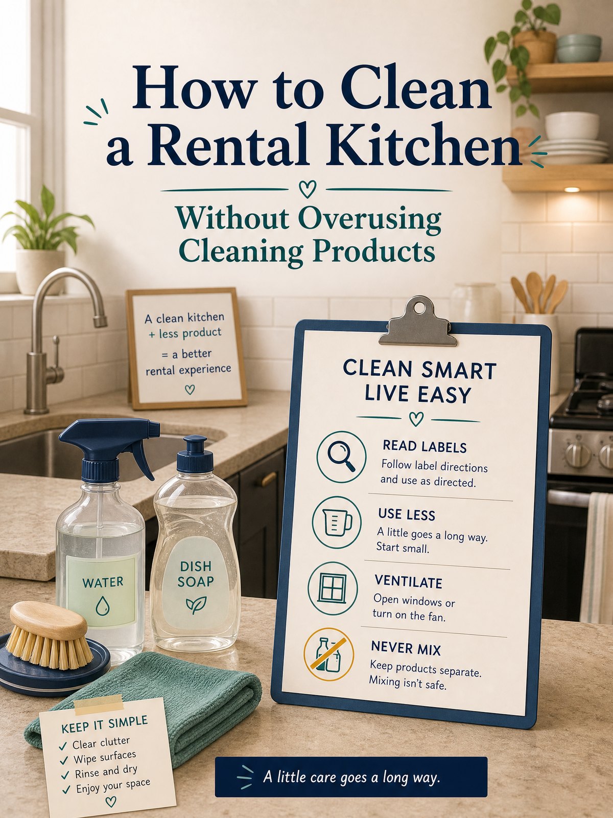 How to Clean a Rental Kitchen Without Overusing Cleaning Products 1 Editorial illustration for How to Clean a Rental Kitchen Without Overusing Cleaning Products