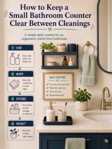 How to Keep a Small Bathroom Counter Clear Between Cleanings 2 Editorial illustration for How to Keep a Small Bathroom Counter Clear Between Cleanings