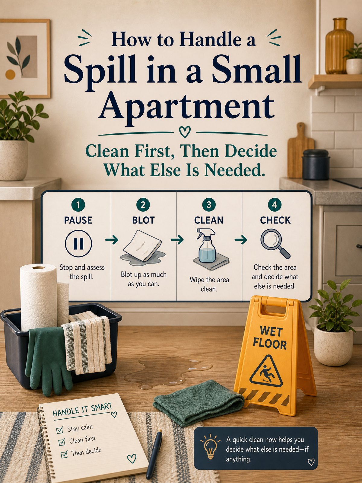 How to Handle a Spill in a Small Apartment: Clean First, Then Decide What Else Is Needed 1 Editorial illustration for How to Handle a Spill in a Small Apartment: Clean First, Then Decide What Else Is Needed