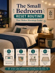 Editorial illustration for The Small Bedroom Reset Routine That Makes Mornings Easier