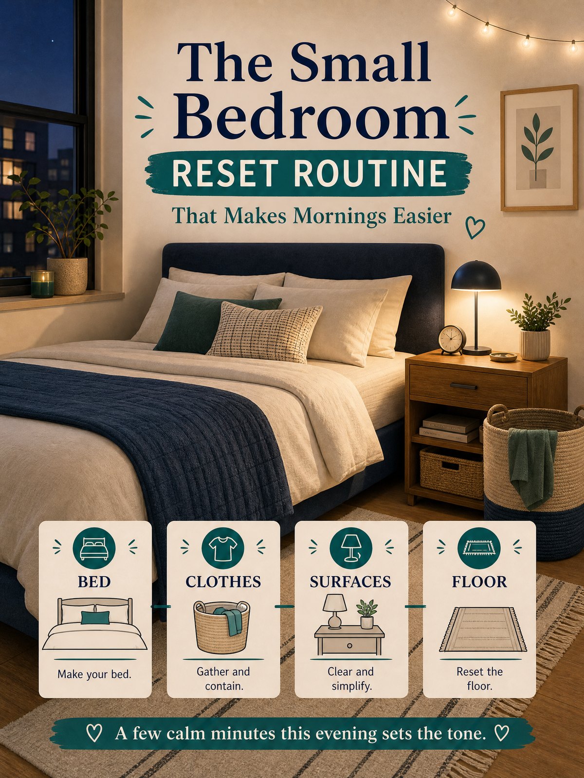 The Small Bedroom Reset Routine That Makes Mornings Easier 1 Editorial illustration for The Small Bedroom Reset Routine That Makes Mornings Easier