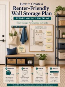 Editorial illustration for How to Create a Renter-Friendly Wall Storage Plan Before You Buy Anything