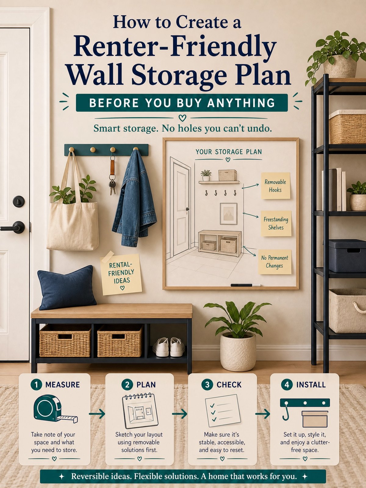 How to Create a Renter-Friendly Wall Storage Plan Before You Buy Anything 1 Editorial illustration for How to Create a Renter-Friendly Wall Storage Plan Before You Buy Anything