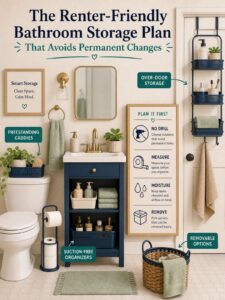 The Renter-Friendly Bathroom Storage Plan That Avoids Permanent Changes 1 Editorial illustration for The Renter-Friendly Bathroom Storage Plan That Avoids Permanent Changes