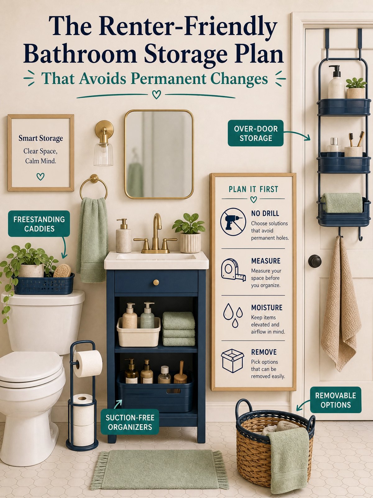 Editorial illustration for The Renter-Friendly Bathroom Storage Plan That Avoids Permanent Changes