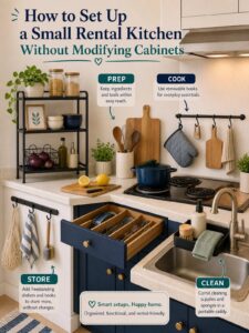 How to Set Up a Small Rental Kitchen Without Modifying Cabinets 2 Editorial illustration for How to Set Up a Small Rental Kitchen Without Modifying Cabinets