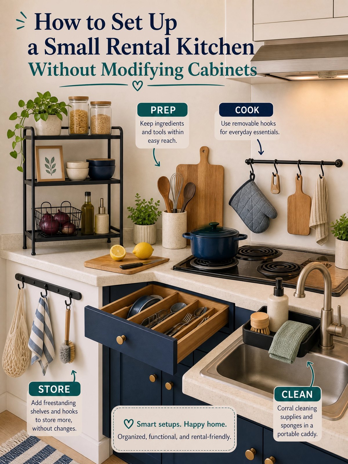 Editorial illustration for How to Set Up a Small Rental Kitchen Without Modifying Cabinets