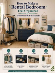 How to Make a Rental Bedroom Feel Organized Without Built-In Closets 3 Editorial illustration for How to Make a Rental Bedroom Feel Organized Without Built-In Closets