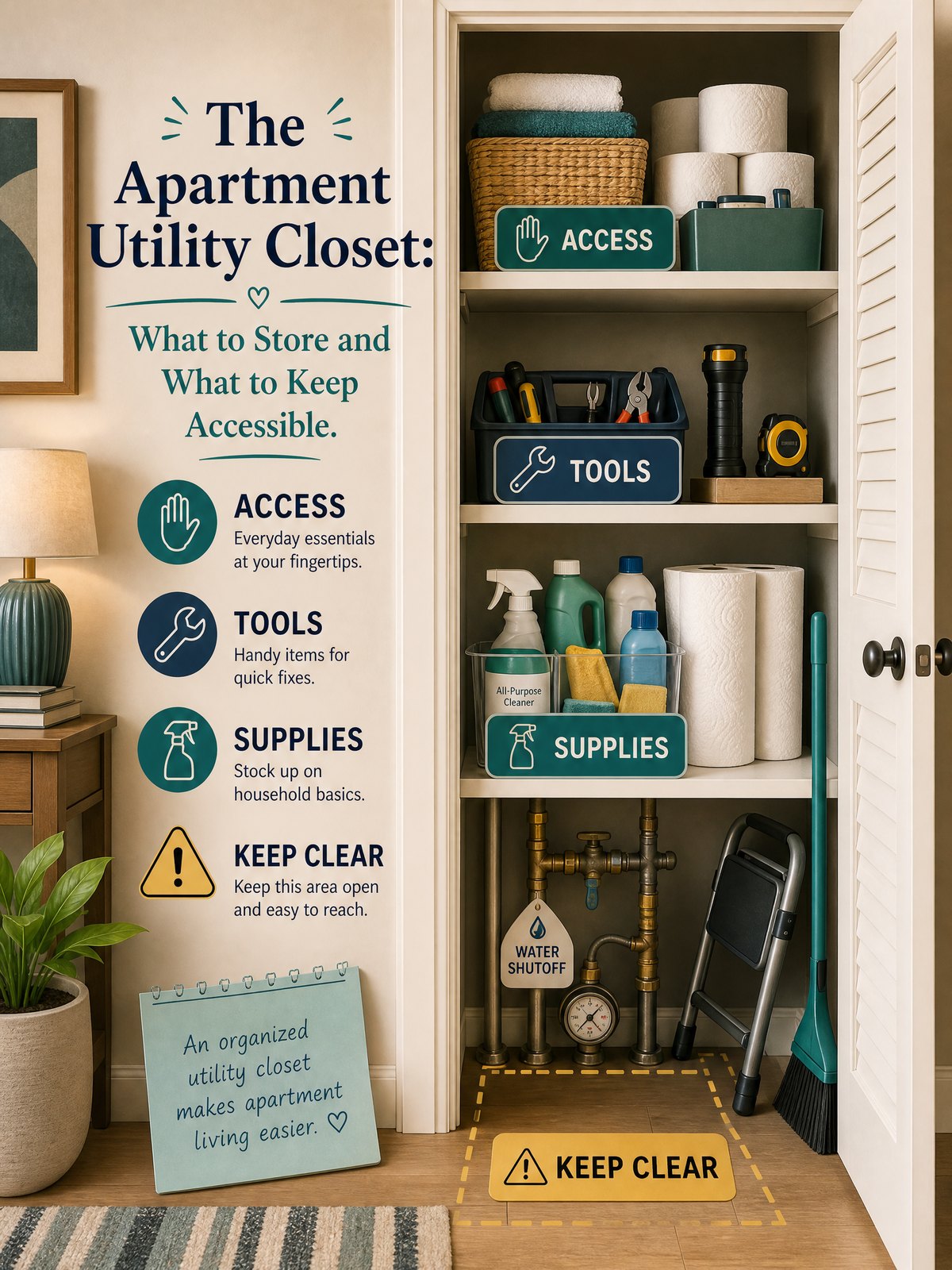 Editorial illustration for The Apartment Utility Closet: What to Store and What to Keep Accessible